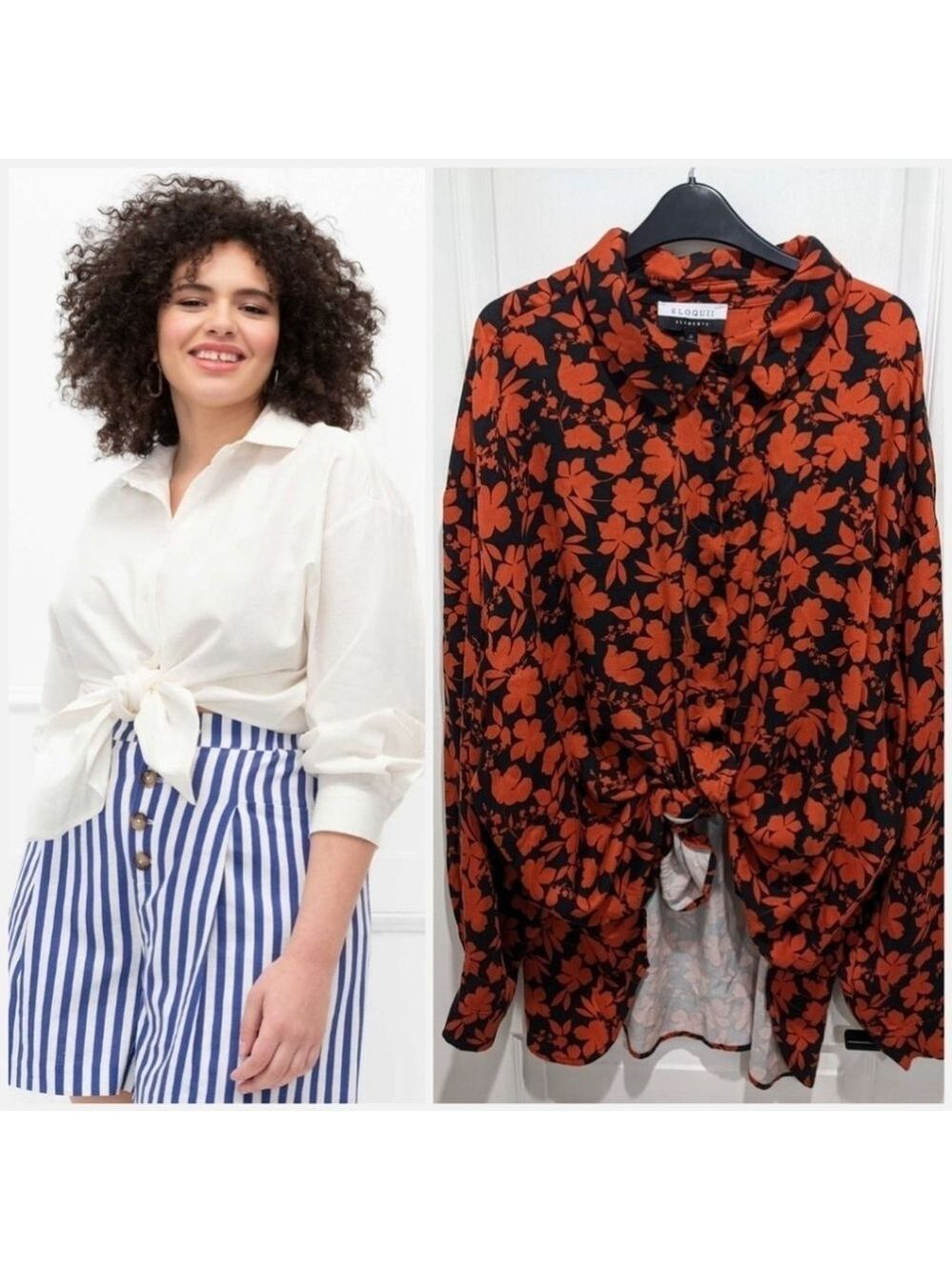 New Eloquii Elements | Tie Front Button Down Shirt in Red Floral